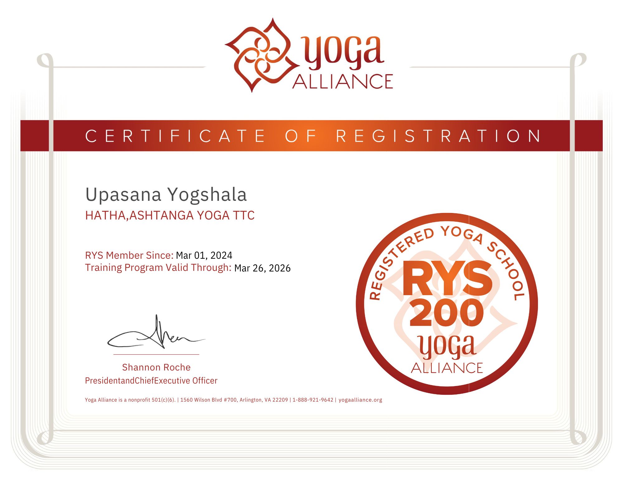upasana yogshala 2026 yoga alliance certificate
